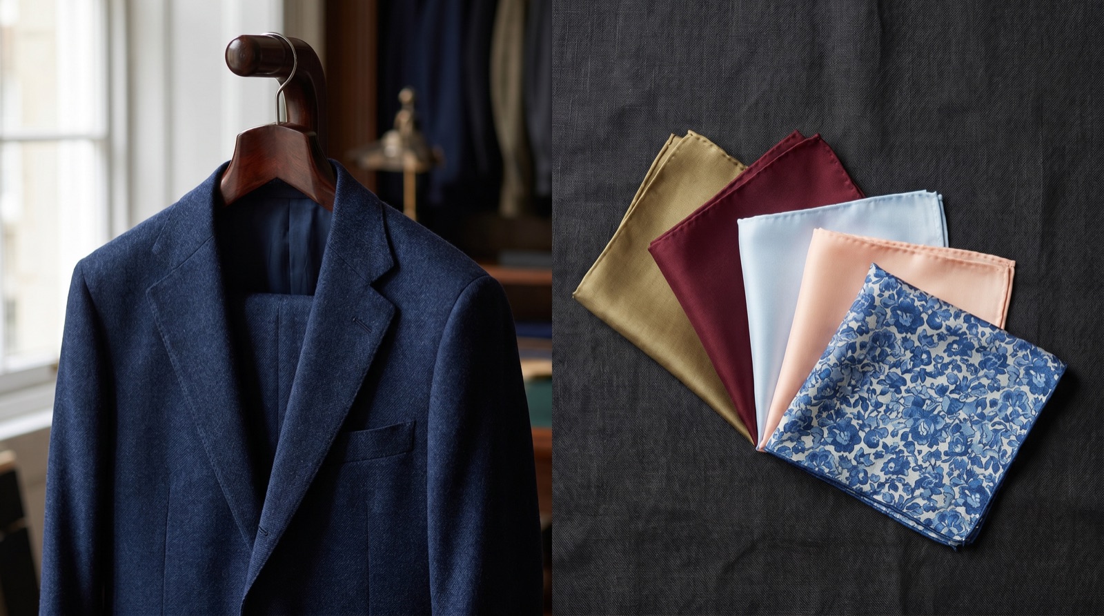 Five silk pocket squares in gold, burgundy, ice blue and blush fanned beside a navy suit jacket