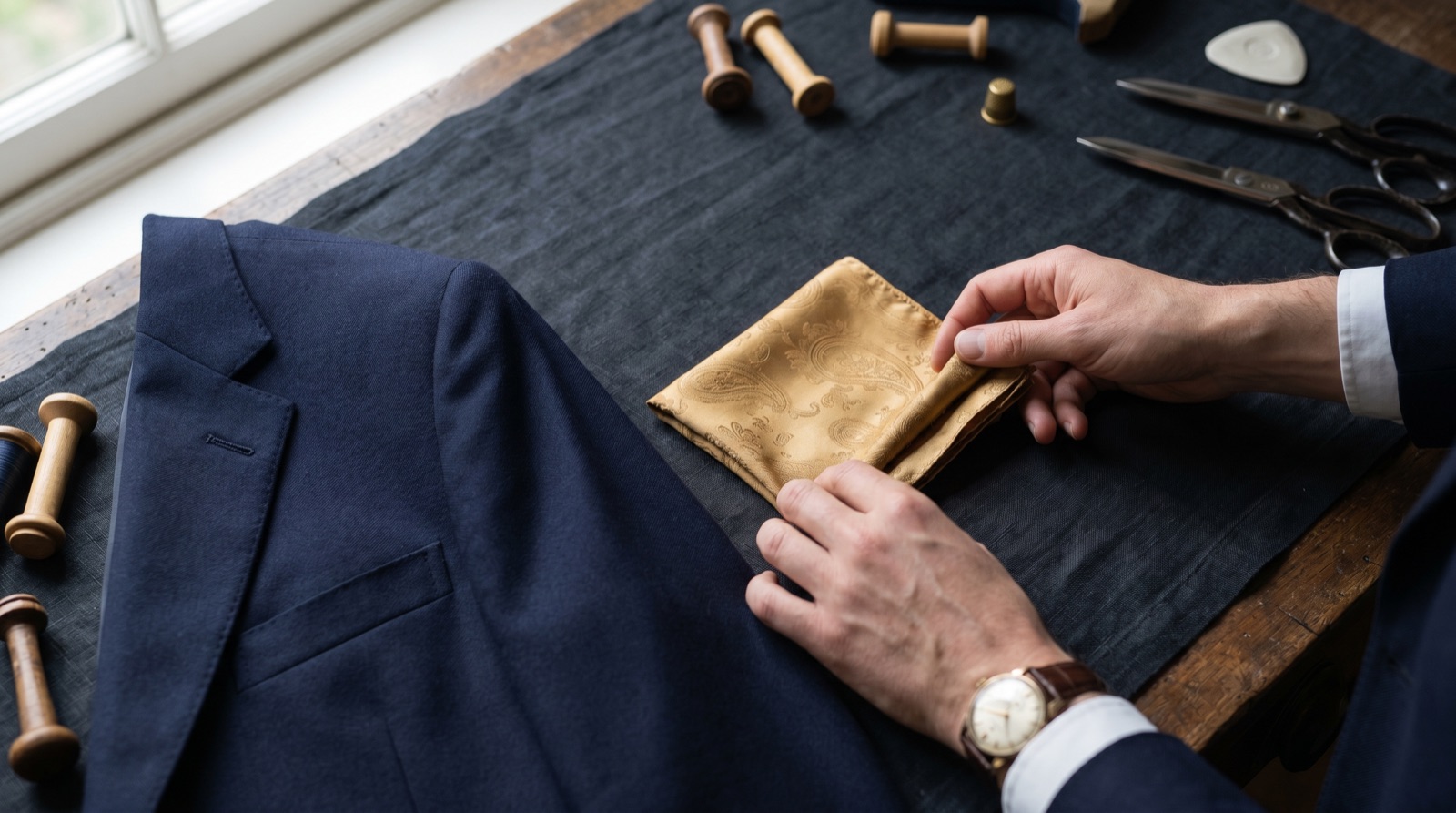Hands folding an antique gold silk pocket square on a tailor's table beside a navy jacket