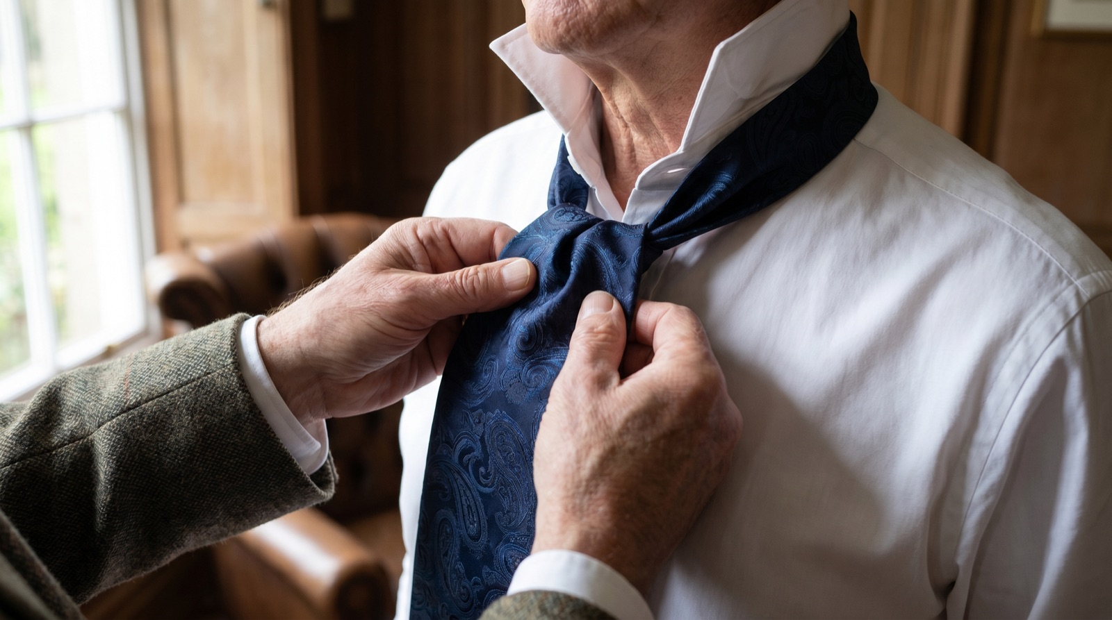 Hands tying a navy patterned silk day cravat at an open white shirt collar
