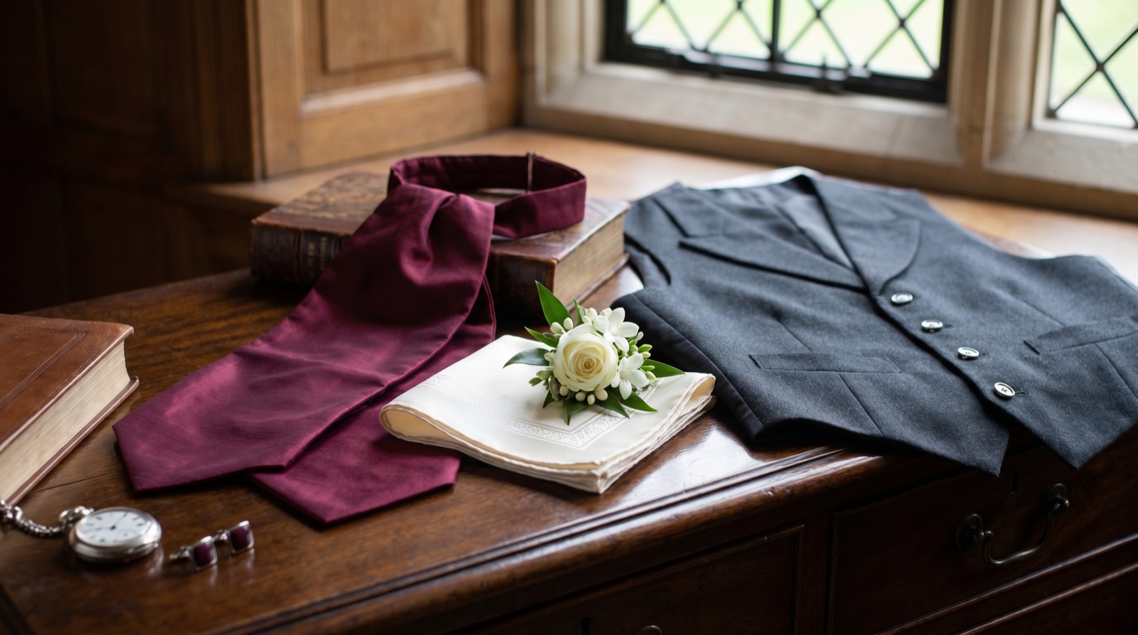 Burgundy silk cravat, ivory pocket square and boutonnière laid out on a wedding morning